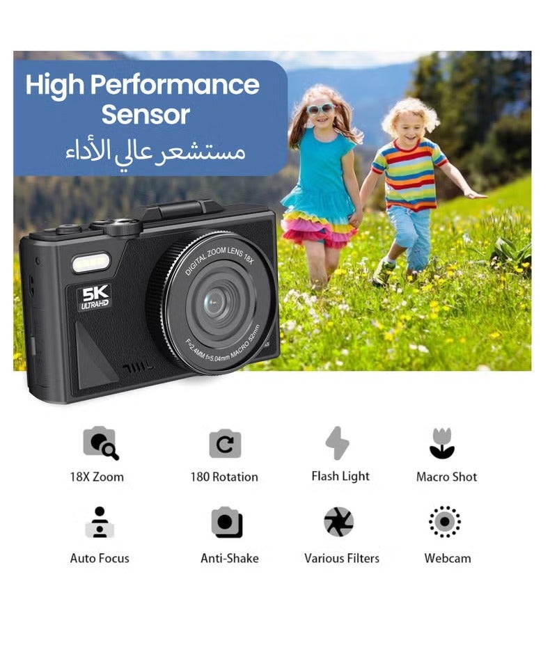 فومو كاميرا رقمية، 5 كيلو فائقة الدقة مع بطاقة 128 جيجابايت TF اشتمال على شرائح عالية الدقة 75 ميجابايت للتصوير الفوتوغرافي والتسجيل الإيقاعي 3 بوصة و 180 درجة شاشة قلب و 18X نقطة التكبير والتصوير وكاميرا تصوير للأطفال والمراهقين والشباب - Image 2